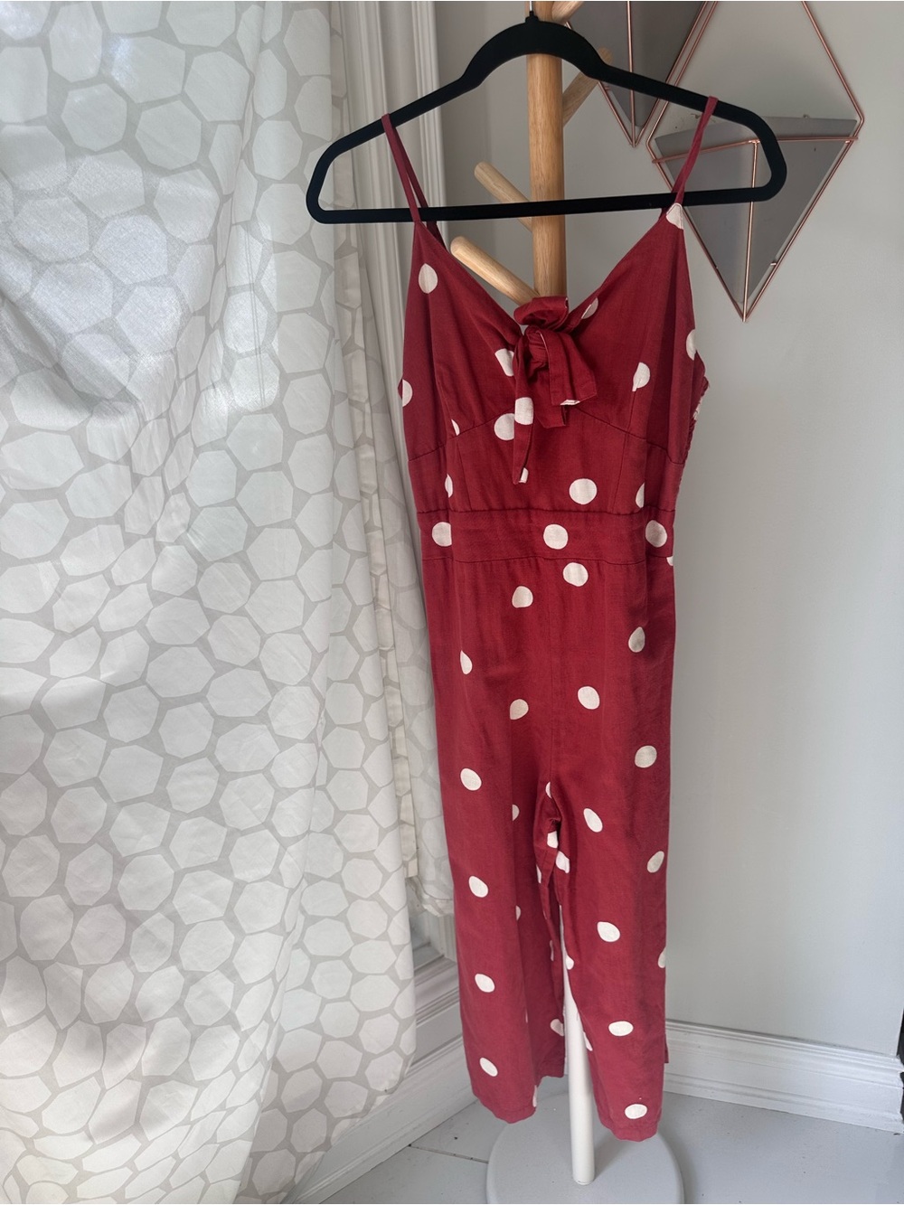JAPNA Rust Red White Polka Dot Tie-Front Jumpsuit Cropped Linen Cotton Sz Medium